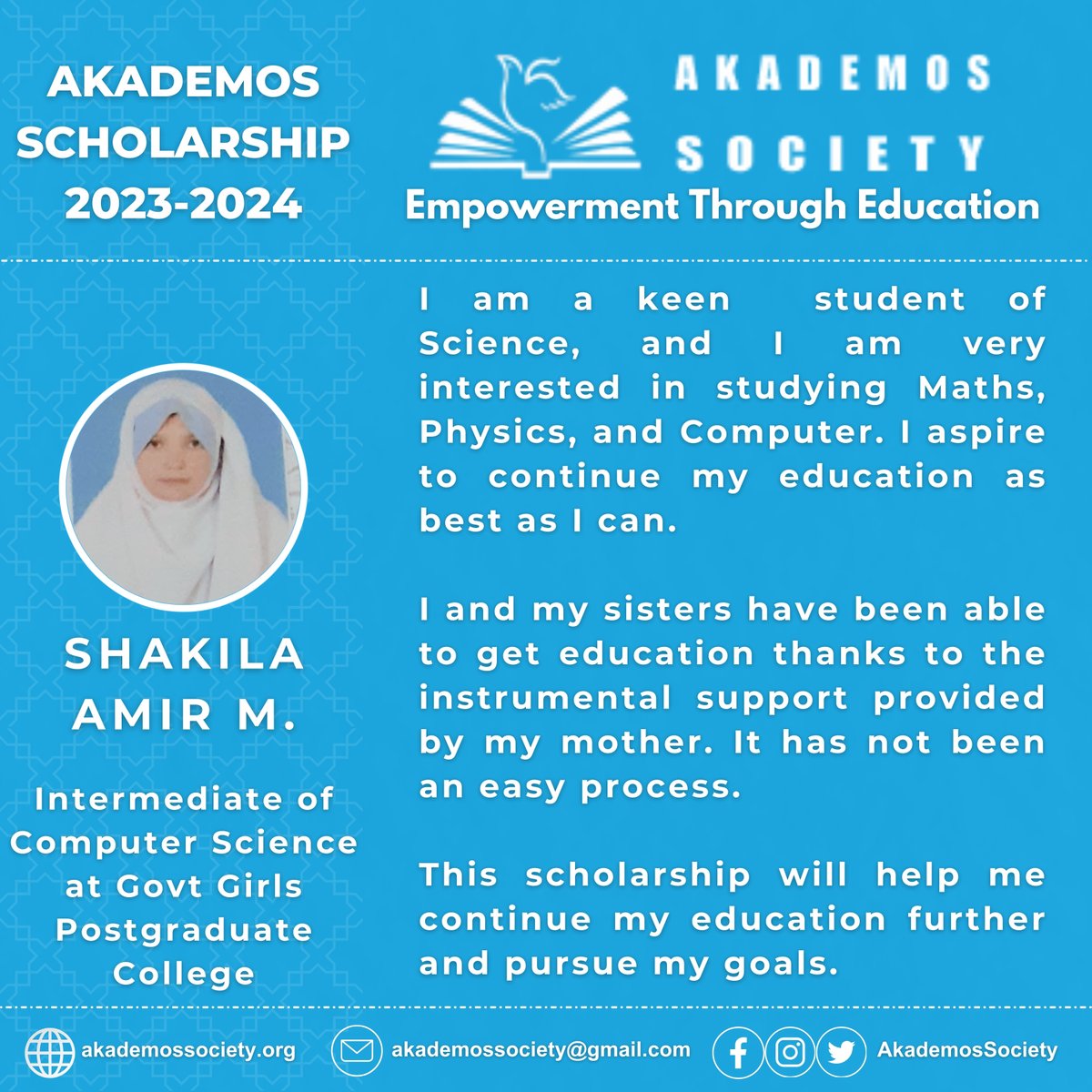 Shakila Amir Mohammad | One of the 17 Akademos Scholars for the academic year 2023-2024.