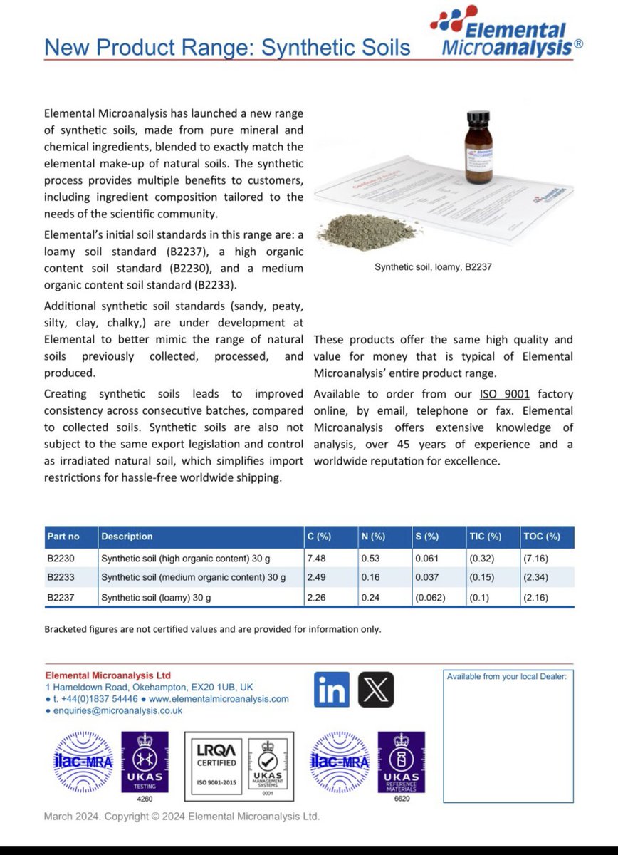 AnalyticaOne's tweet image. New Product!

Our team is excited to announce a new series of synthetic soil standards.

#CHNOS #chemistry