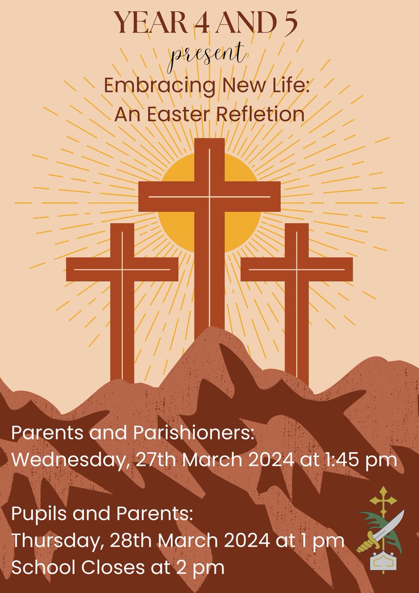 Year 4 and 5 Easter Reflection for Parents and Parishioners - Today at 1:45 pm Join us at 1:45 pm in the Main Hall for the Easter Reflection for family members and parishioners.