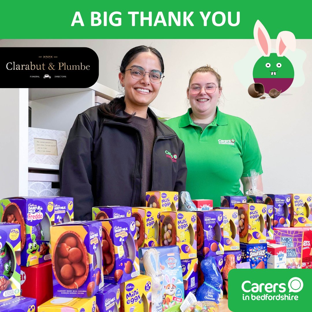 A big thank you to Clarabut & Plumbe for their annual Easter egg donation. Every year they donate a lot of eggs for the Young Carers and we are very grateful. Do you know a young carer who could use some support? For more details carersinbeds.org.uk