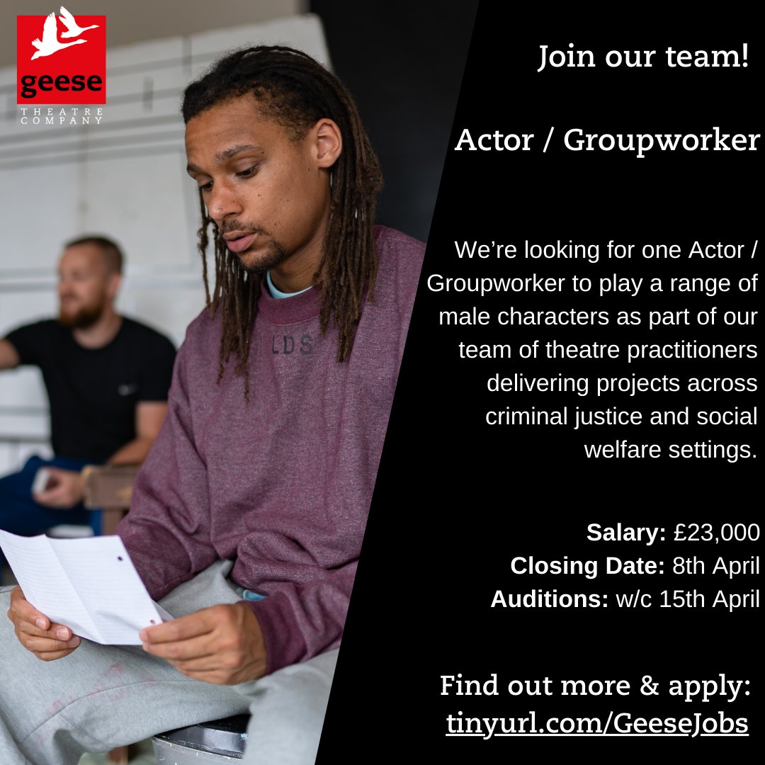 📢 WE ARE HIRING 📢⁠ ⁠ We’re looking for one Actor / Groupworker to play a range of male characters as part of our team of theatre practitioners delivering projects across criminal justice and social welfare settings 🎭⁠ ⁠ 👉 Find out more and apply: tinyurl.com/GeeseJobs