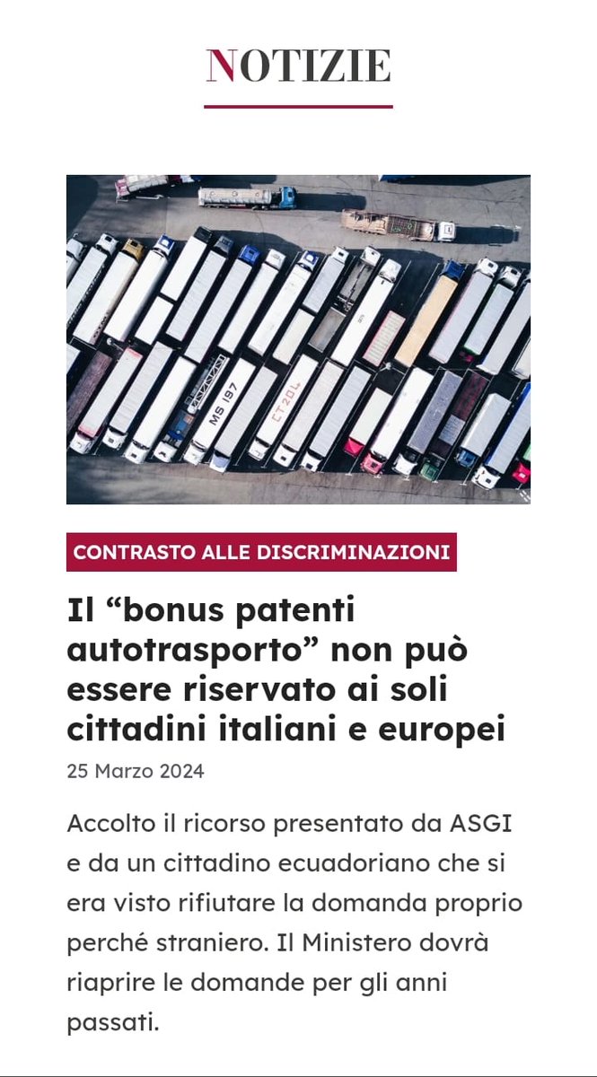 Anche i cittadini stranieri hanno diritto al “bonus patenti autotrasporto”. Il @mitgov_it lo aveva limitato ai soli cittadini italiani ed europei, ma ora dovrà modificare il decreto ministeriale e riaprire le domande per gli anni passati. 👇 asgi.it/discriminazion…