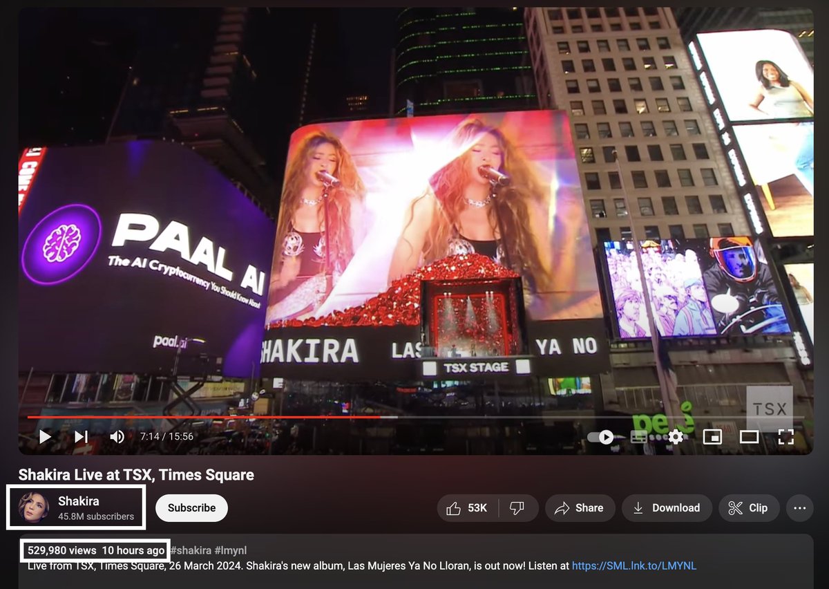 MacroCRG's tweet photo. Shakira has 45.8M followers.

She just posted this video on youtube 10 hours ago and it already has +500k views. 

Keep fading $PAAL. https://t.co/oKVHpef8dn