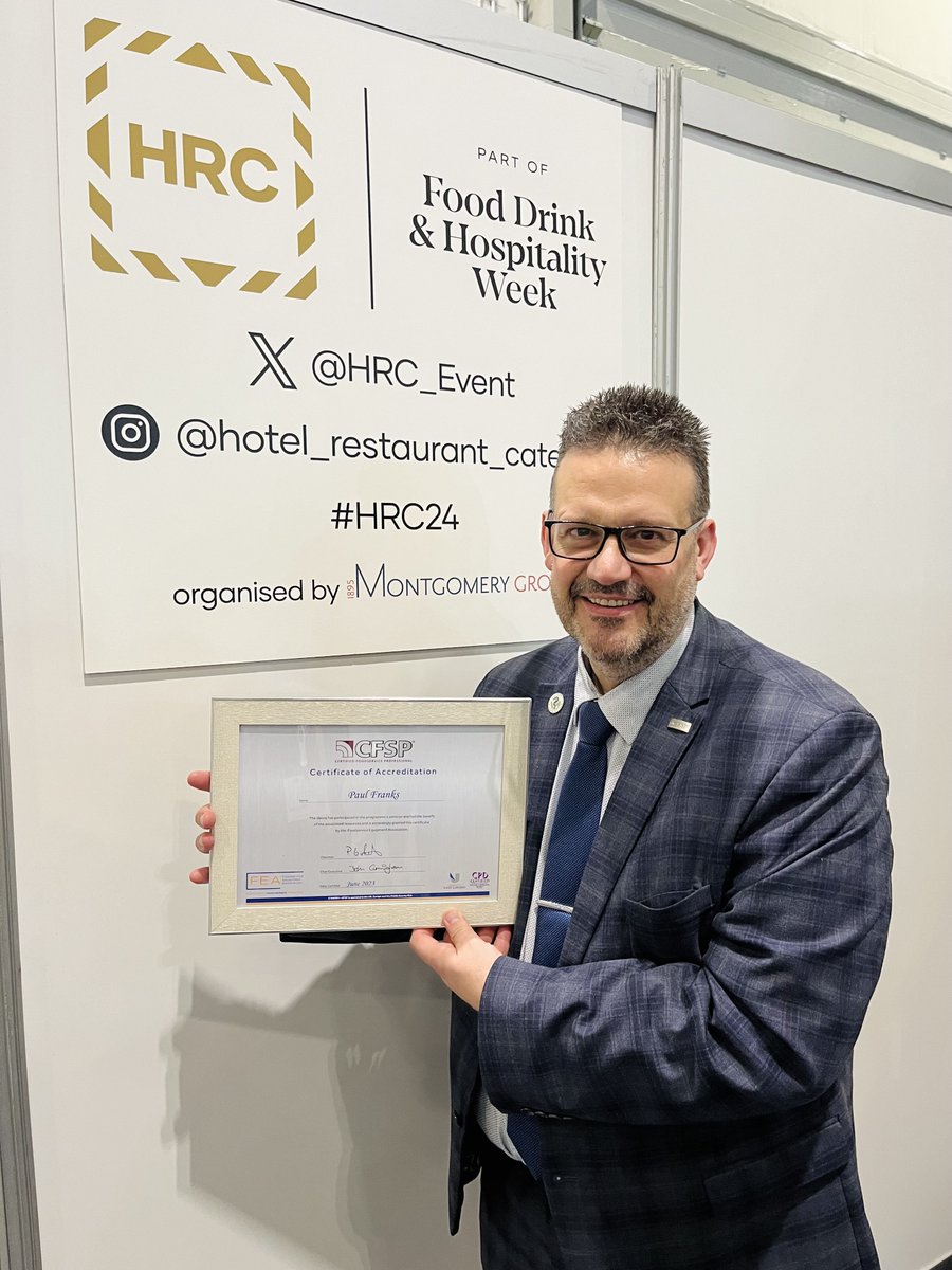 Congratulations to our Business Development Manager, Paul Franks on receiving his CFSP accreditation from @FEA_uk @HRC_Event yesterday. He now joins the CFSP Wall of Fame. Well done Paul! #HRC24 #CombiOvenSpecialists #CFSP