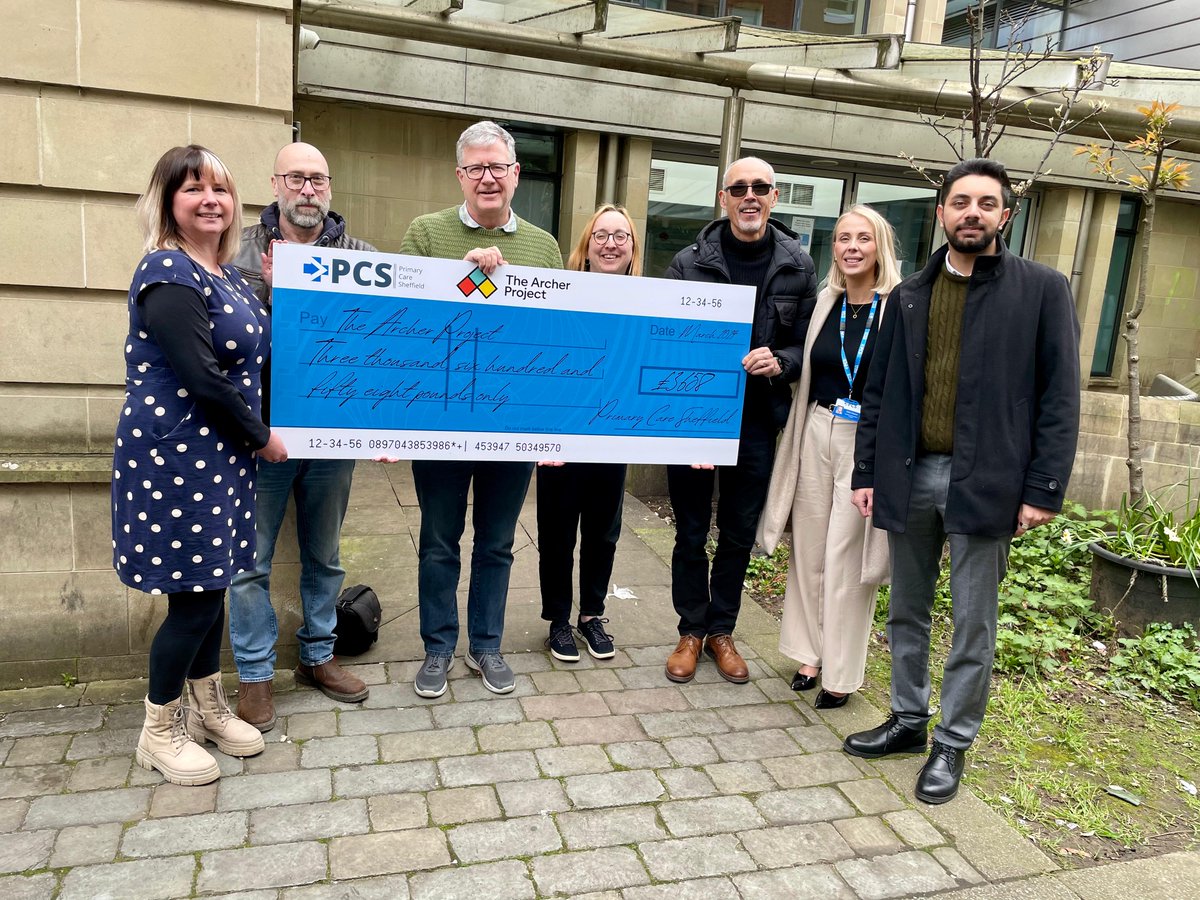 primarycareshef's tweet photo. The team at Primary Care Sheffield has presented a cheque for £3,568 to the @archerproject  after a year of fundraising for the local homelessness charity.

https://t.co/OY2ZfxVnw5 https://t.co/csz04S6Mqo