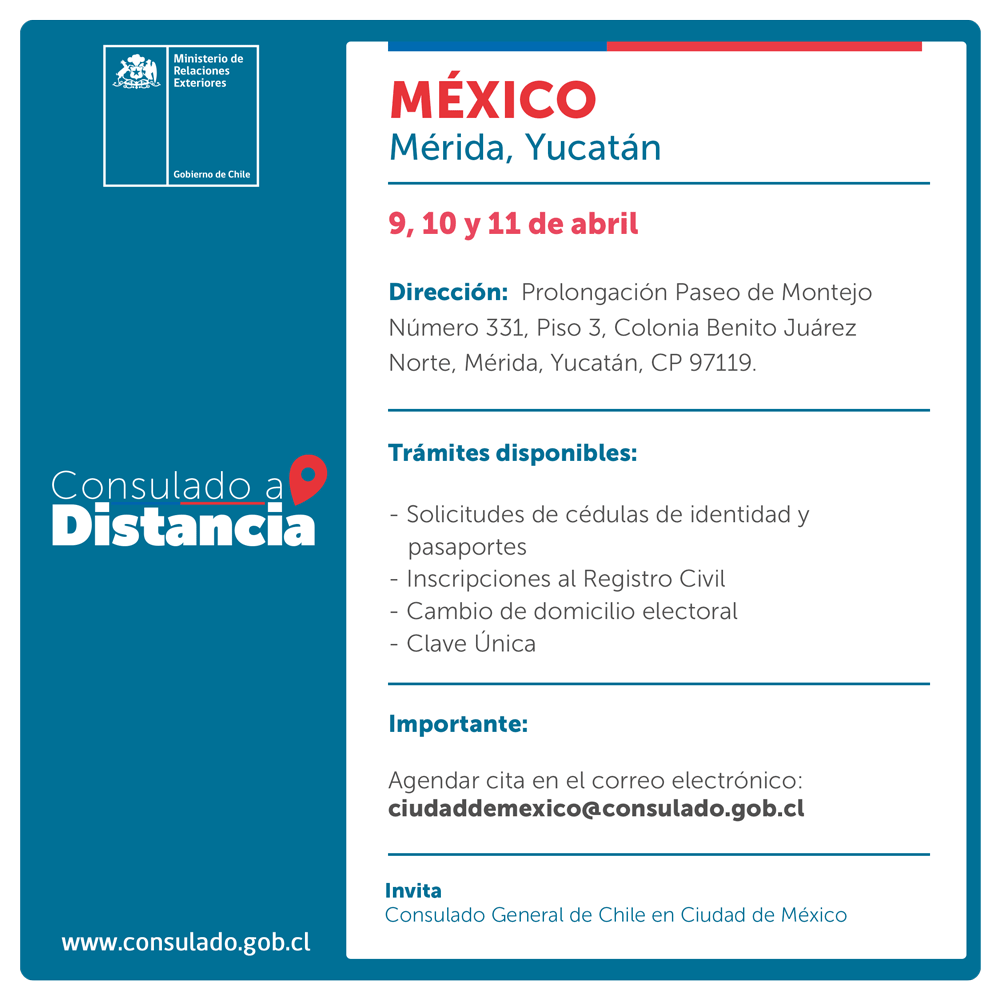 ¡Buenos días! 👋 Si estás en #Yucatan #México 🇲🇽, ahorra tiempo y agenda por correo electrónico tu cita para realizar trámites consulares en la ciudad. 📅Fechas: 9, 10 y 11 de abril Agenda tu cita 📧ciudaddemexico@consulado.gob.cl Revisa ubicación y trámites ⬇️