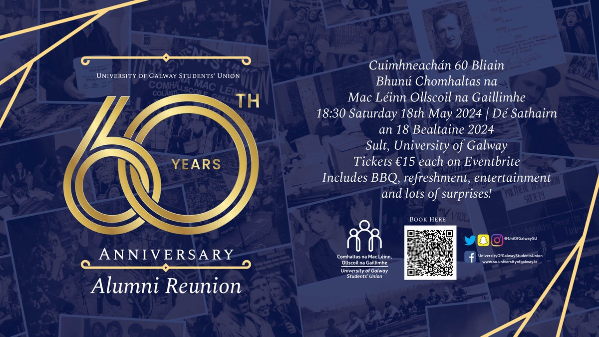 📢Calling all former SU Officers, staff and friends! Join us Saturday 18th of May to celebrate 60 years of Comhaltas na Mac Léinn, Ollscoil na Gaillimhe 🥳 🔗Ticket Link eventbrite.ie/e/852136151167… #SUAt60 #DoChomhaltas #UniversityOfGalway
