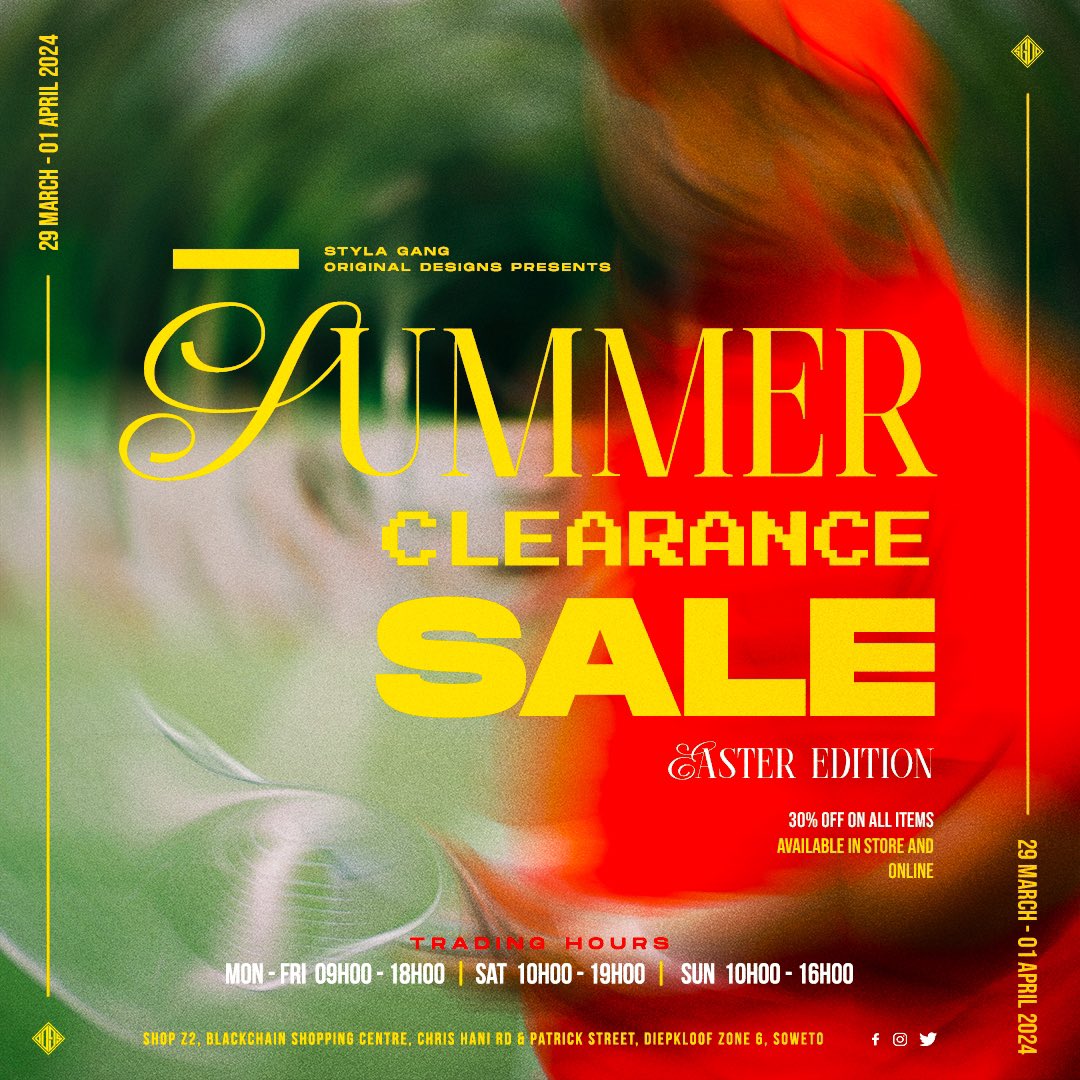🚨🚨🚨

Our “End of Season - Summer Clearance Easter Edition” Sale is almost here. We’ll be offering all our products at a 30% off discounted price. Mark your calendar - the sale kicks off on March 29th, 2024 and will run until April 1st, 2024 during normal business hours 👇🏾