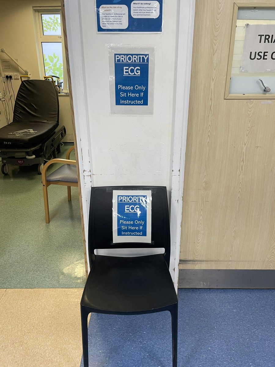 As part of an improvement initiative to improve time to ECG for patients presenting with chest pain for early recognition of a STEMI within 10mins, we are trialling a priority ECG seat for visual recognition to perform an ECG on arrival