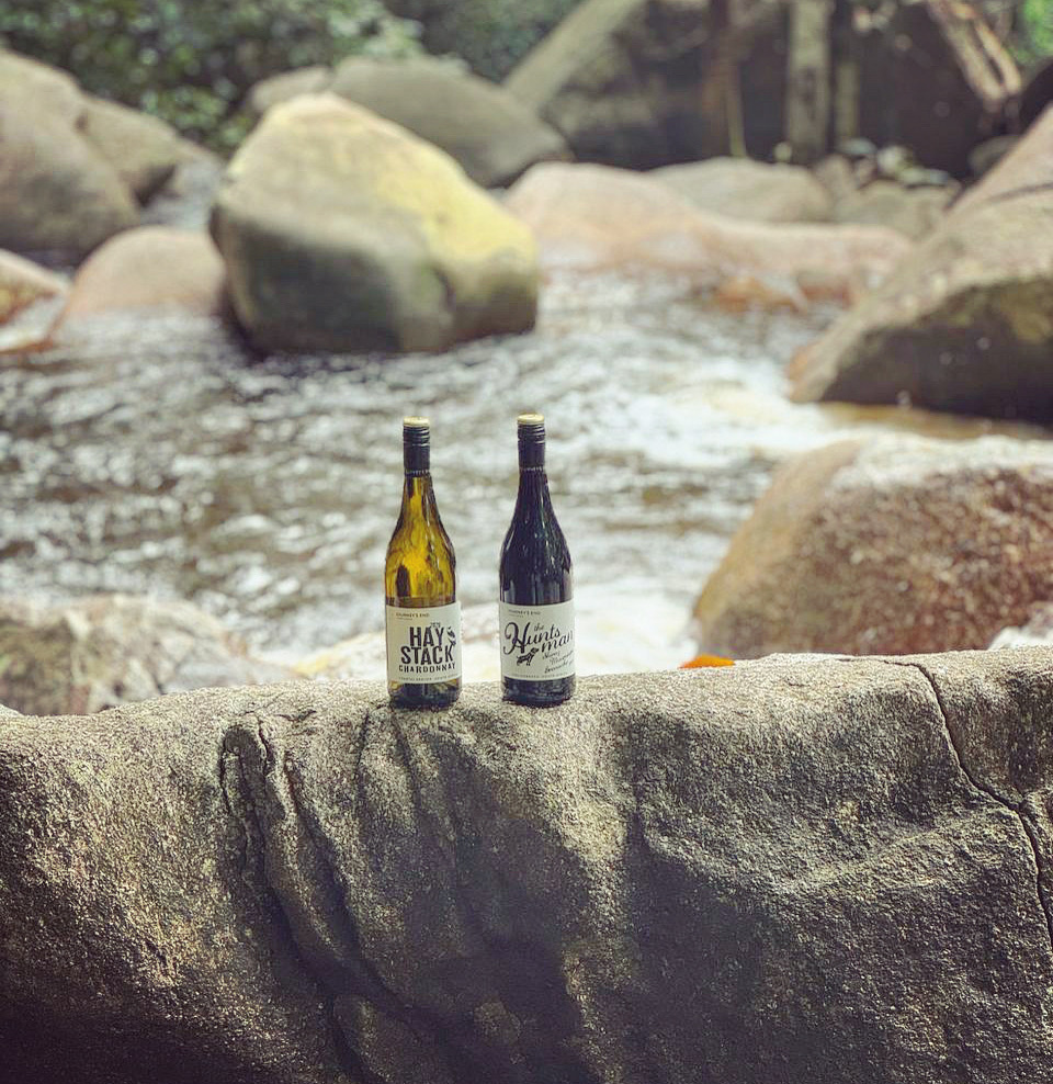 You can find our wines in the Seychelles, so if you're lucky enough to be visiting keep an eye out. The Port Glaud Waterfalls were a great backdrop for a shot of the Haystack Chardonnay and The Huntsman.