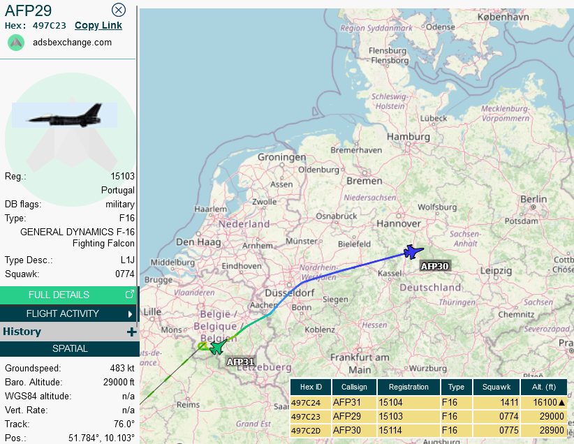 SirListenalot's tweet photo. Four (2x two) Portuguese #F16's #AFP29-30, #AFP31-32 from Monte Real heading for Šiauliai, Lithuania after a stop at Florennes, Belgium. Supported by #E390 #AFP89 https://t.co/zA2erZEVbe