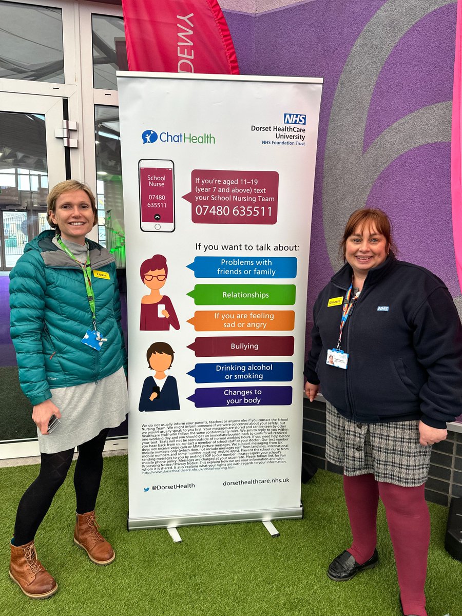 Dorset School Nurses joined us yesterday promoting Chat Health, a texting services for young people providing anonymous access to a nurses who can support or answer questions on anything; available throughout the school holidays as well as during term time. @dorsetschoolnusongs