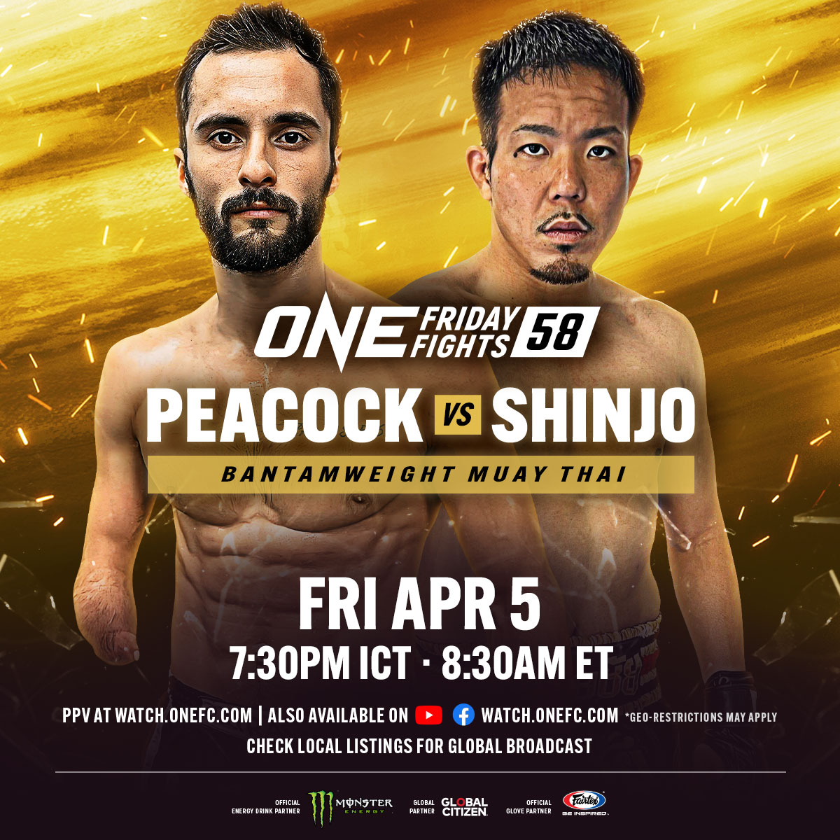 ONEChampionship's tweet image. ONE to watch 🙌 Rising star Jake Peacock makes his promotional debut against Japanese sensation Kohei Shinjo in a bantamweight Muay Thai showdown at ONE Friday Fights 58 on April 5!

#ONEFridayFights58 | Fri April 5 at 7:30PM ICT/8:30AM ET
🌎 Live TV broadcast in 190+ countries…