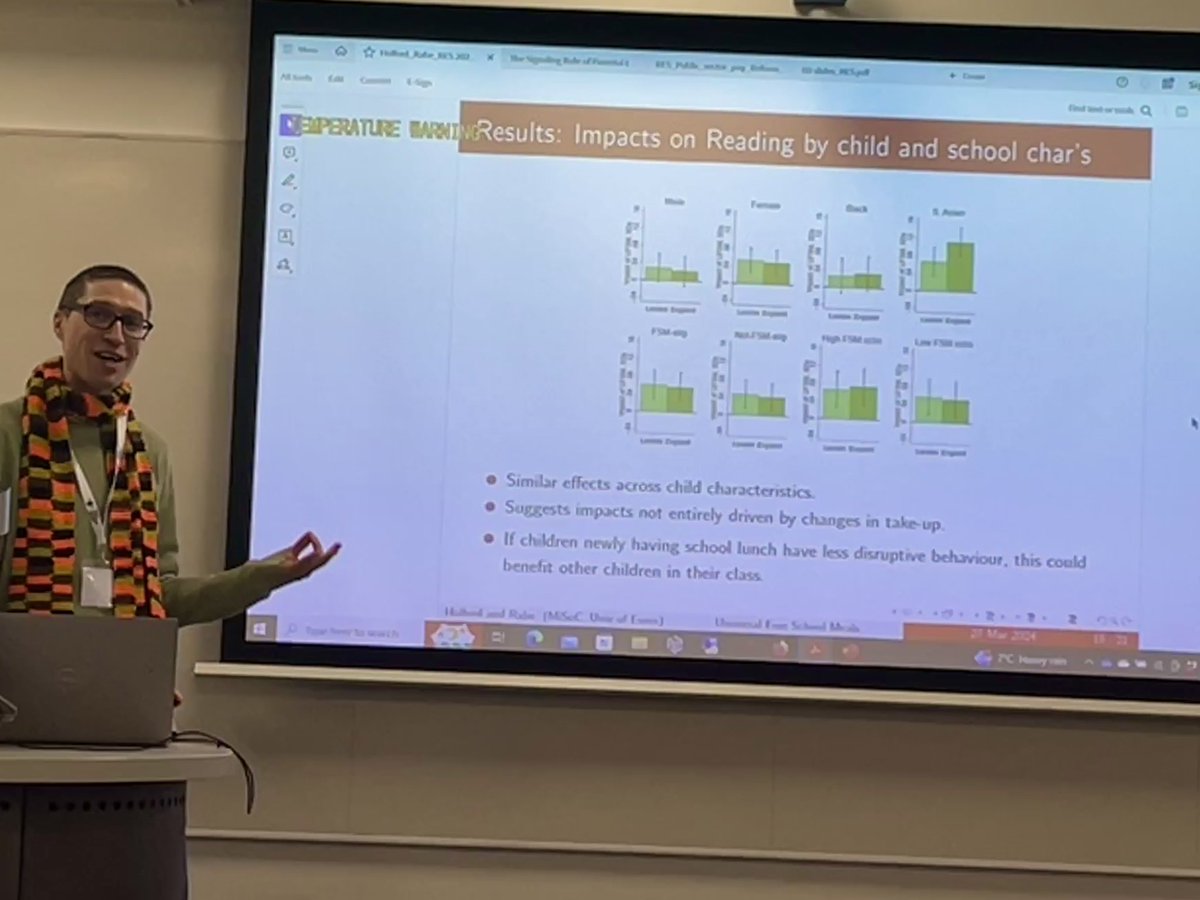 @AngusHolford presenting @NuffieldFound funded research (with @rabe_b) at #RES2024 on impacts of universal free school meals on reading and maths - finds progress in reading scores for all children (relatively small effect size), likely driven by change in all school environment