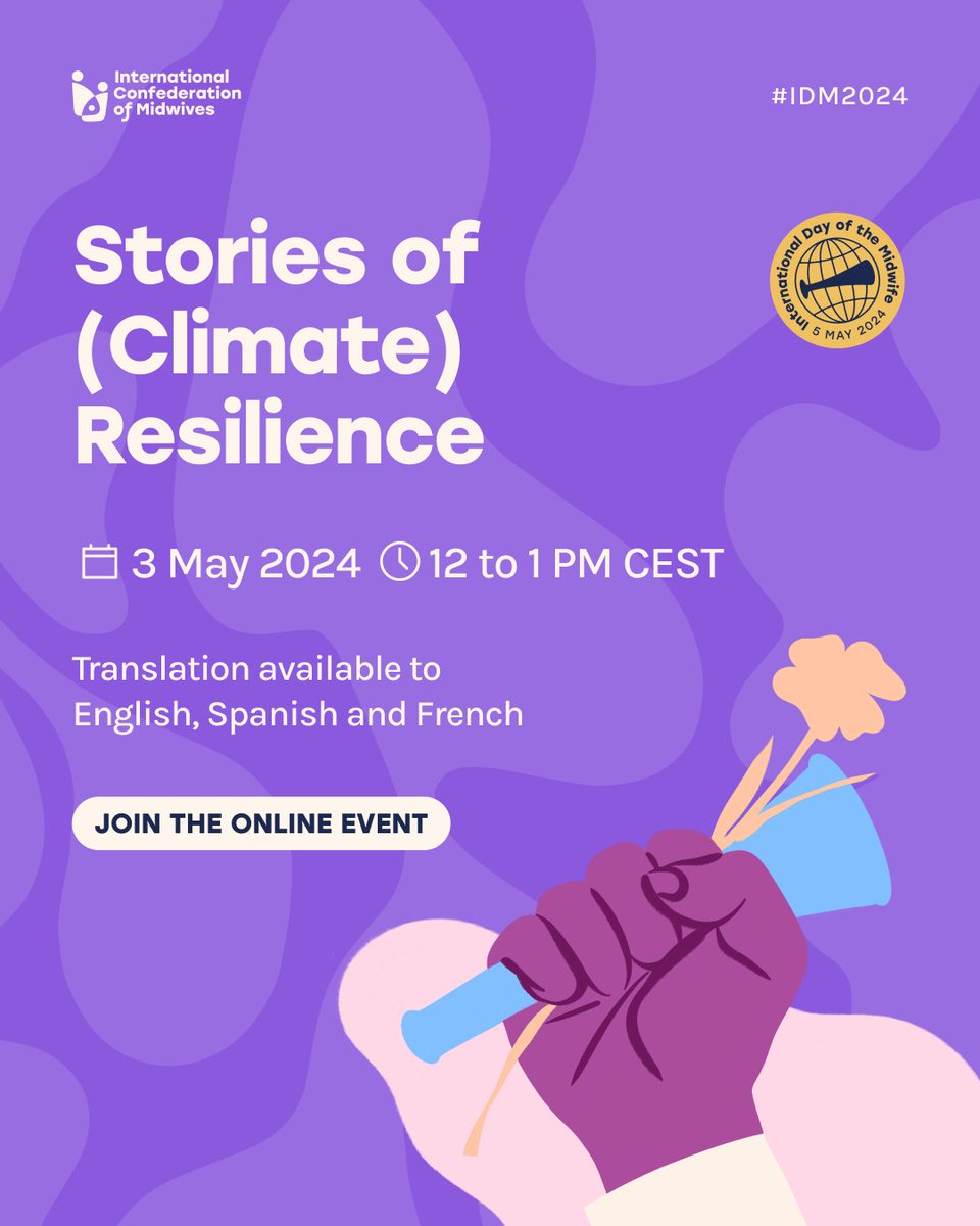 Save the Date 🎉 Our first #IDM2024 event is on May 3rd at 12:00 PM CEST. Hear inspiring stories from midwives working at the forefront of the climate crisis and watch the exclusive screening of “Neha.” Interpretation in EN, FR & ES Register: ow.ly/52Mw50R22wy