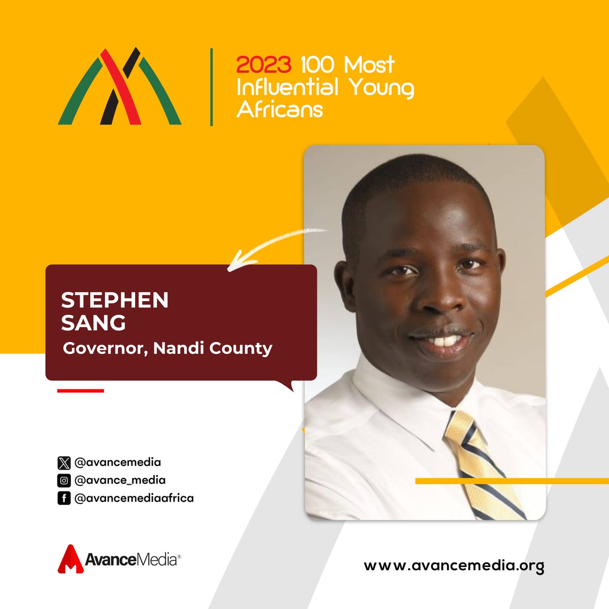 Thrilled to announce H.E. Stephen Sang, Governor of Nandi County of Kenya on making Avance Media's 2023 100 Most Influential Young Africans list (8th Edition)! Huge Congrats @Araap_Sang cc: @Nandi029 & @KenyaGovernors avancemedia.org/miya100 #100MIYA #AvanceMedia