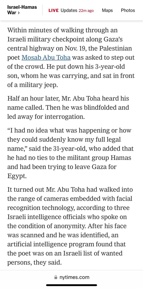 Here’s @sheeraf reporting from Israel on how facial recognition technology is being deployed in Gaza nytimes.com/2024/03/27/tec…