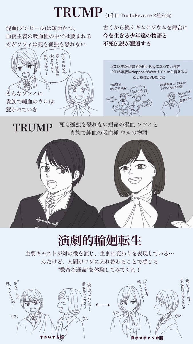 演劇「TRUMPシリーズ」気になってるけど見たことない君! 今度映画館での上演も決まったので、この期に足を突っ込みませんか? ちょっとしたご紹介を作りましたのでよろしくお願いします! 画像選択で詳細表示されます。