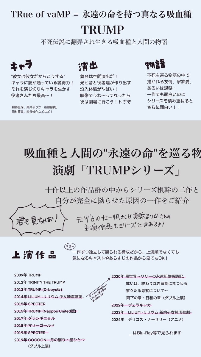 演劇「TRUMPシリーズ」気になってるけど見たことない君! 今度映画館での上演も決まったので、この期に足を突っ込みませんか? ちょっとしたご紹介を作りましたのでよろしくお願いします! 画像選択で詳細表示されます。