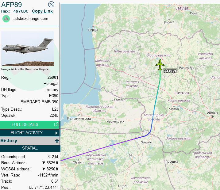 Four (2x two) Portuguese #F16's #AFP29-30, #AFP31-32 from Monte Real heading for Šiauliai, Lithuania after a stop at Florennes, Belgium. Supported by #E390 #AFP89