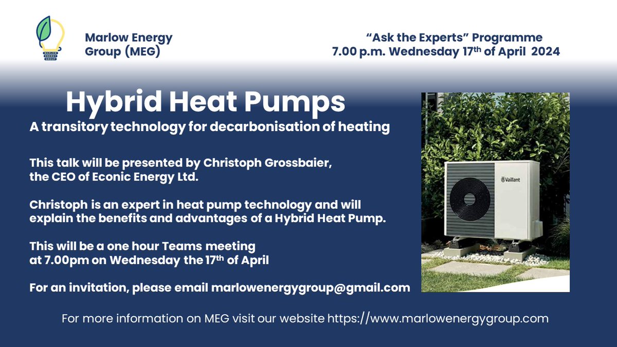 MarlowEnergy's tweet photo. Hybrid Heat Pumps - a transitory decarbonisation technology. 
Talk by Christoph Grossbaier, CEO of Econic Energy Ltd.
Wedn 17th April, 7pm.
For an invite, email marlowenergygroup@gmail.com
#marlow #EnergyTransition #heatpump @MyMarlowUK @MarlowFM @cgrossbaier https://t.co/KtY99hmtAN