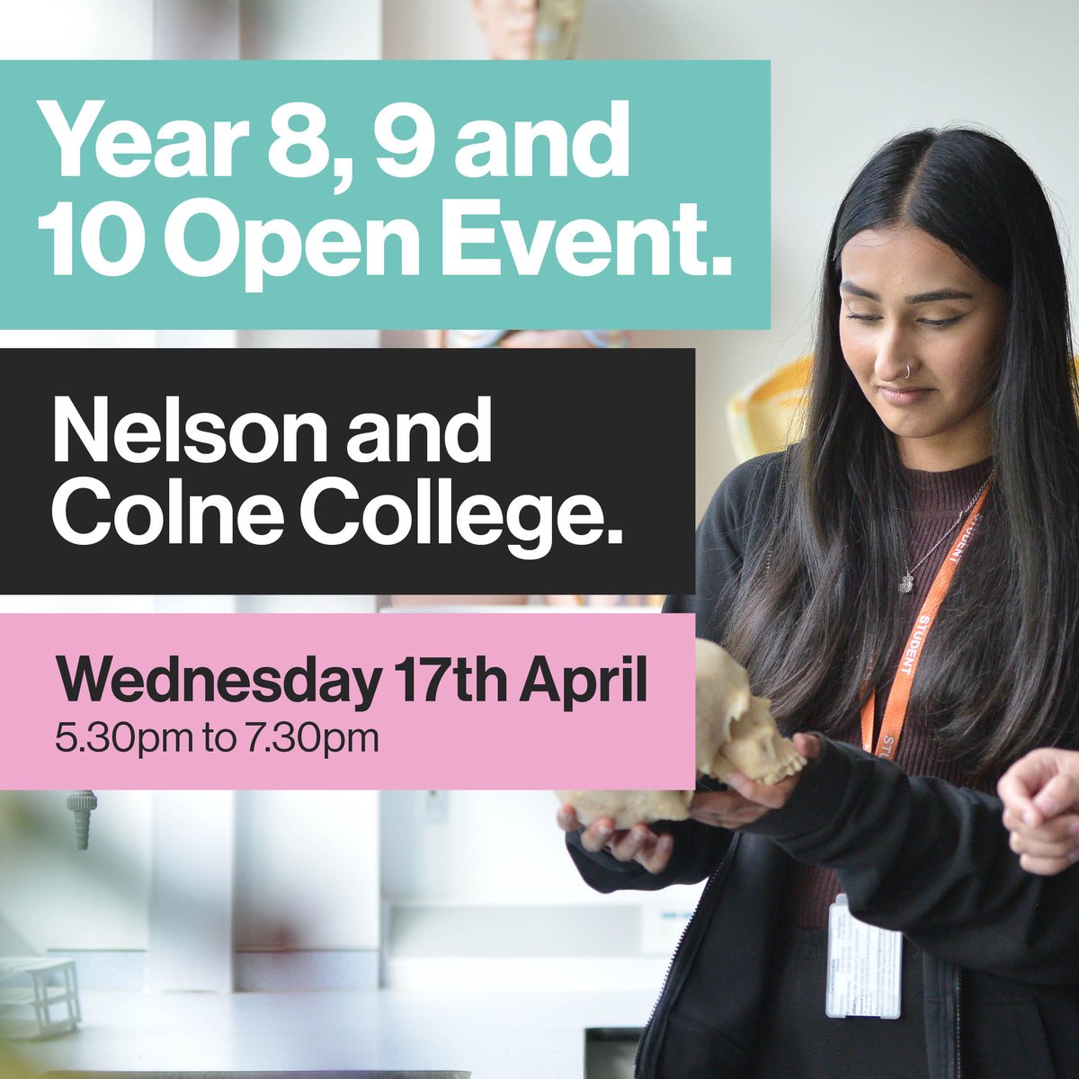 Our Year 8, 9 and 10 Open Event is TONIGHT!🌟 If you're looking to find out about the wide range of options available to you at Nelson and Colne College – from Ofsted outstanding tutors to our impressive campus, make sure you come along tonight between 5.30pm - 7.30pm!🙌