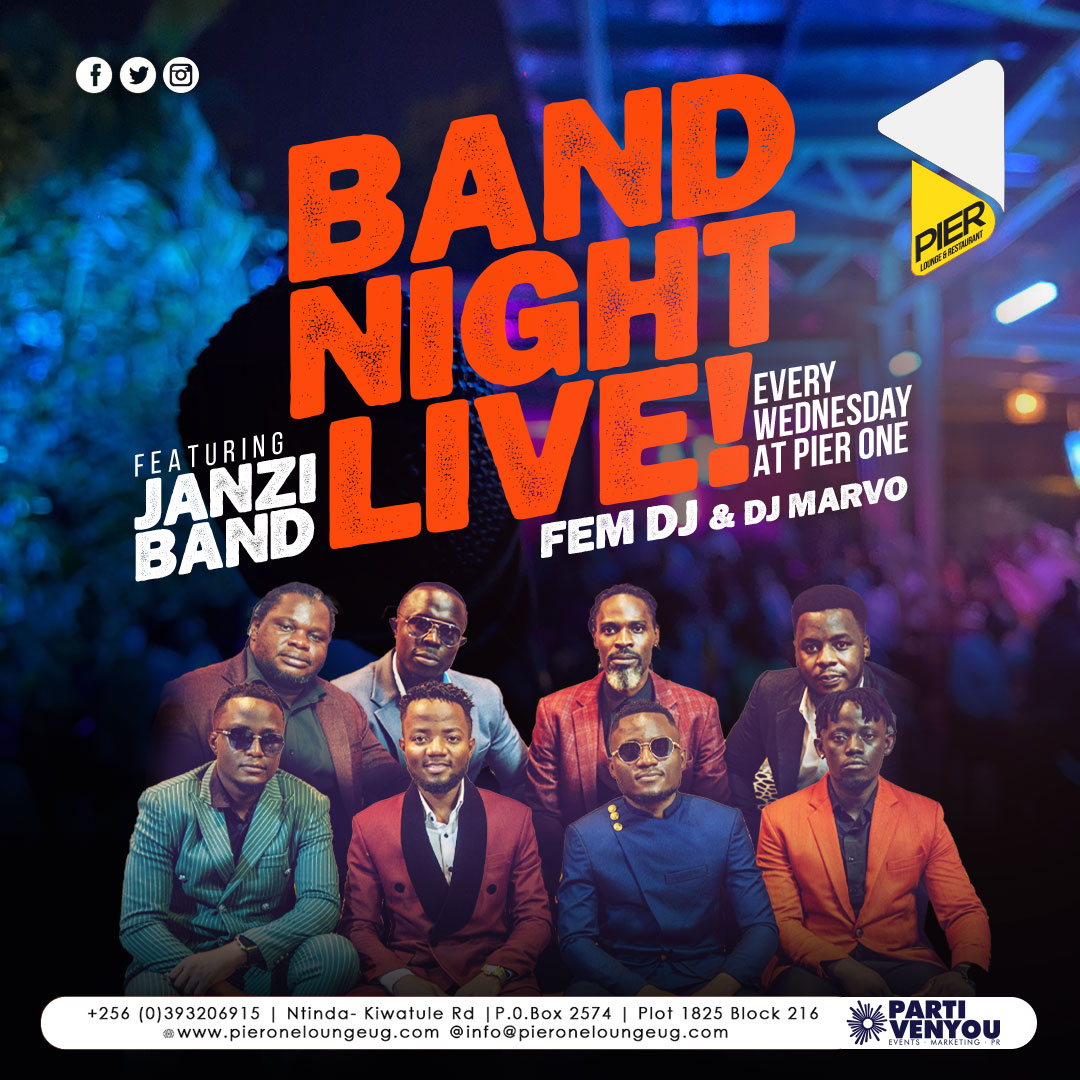 Today we are going for the #BandNightLive with @JanziBand waali ku @Pier1_Ntinda And the dance moves will come out once @fem_dj & @DeejayMarvo3 are on the decks. It is going to be a long night indeed. Make your reservations ASAP.