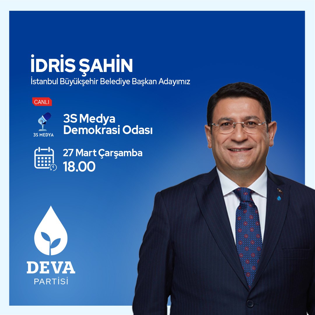 devapartisi's tweet photo. 💧🌱 İstanbul Büyükşehir Belediye Başkan Adayımız @avidrissahin 27 Mart Çarşamba,

🗓 BUGÜN

🕰 18.00’de

📺 @3SMEDYA_resmi'de @Serkan_Kartal_ ile "Demokrasi Odası" programında gündemi değerlendirecek. https://t.co/GGZXalphqe