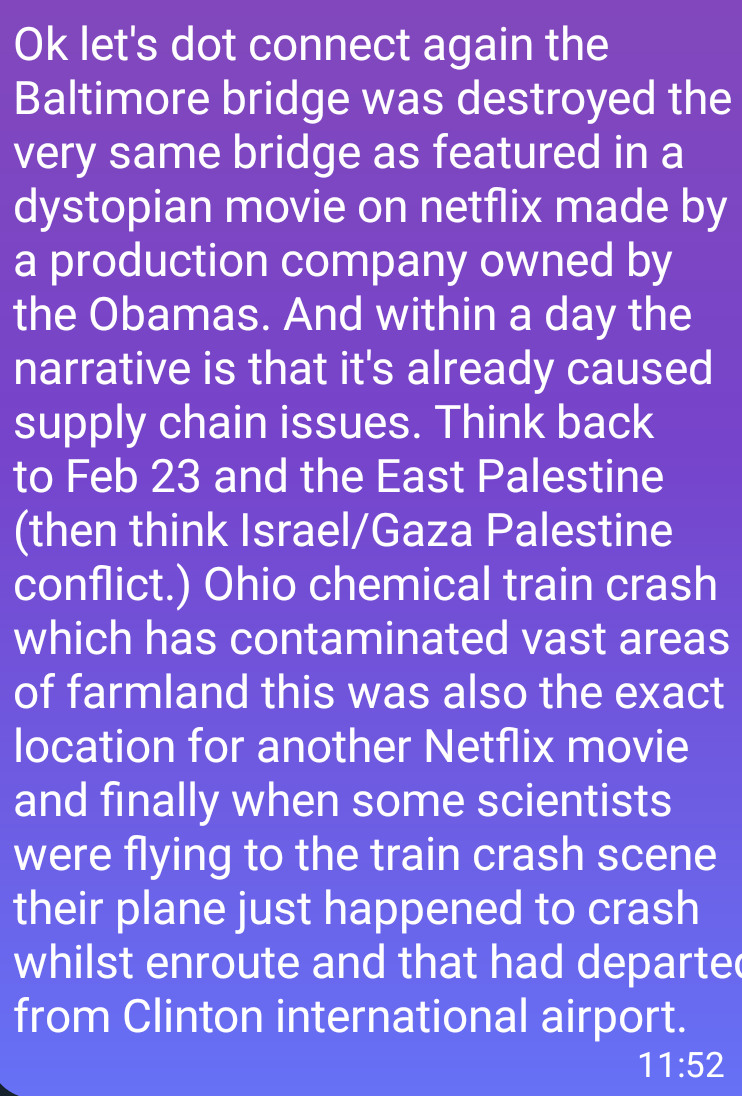 thebattler180's tweet photo. The connections with the #baltimorebridge #ohiotraincrash #Netflix the Obamas and Clinton's and the Agenda explained here 👇 https://t.co/pLpGLbrebv