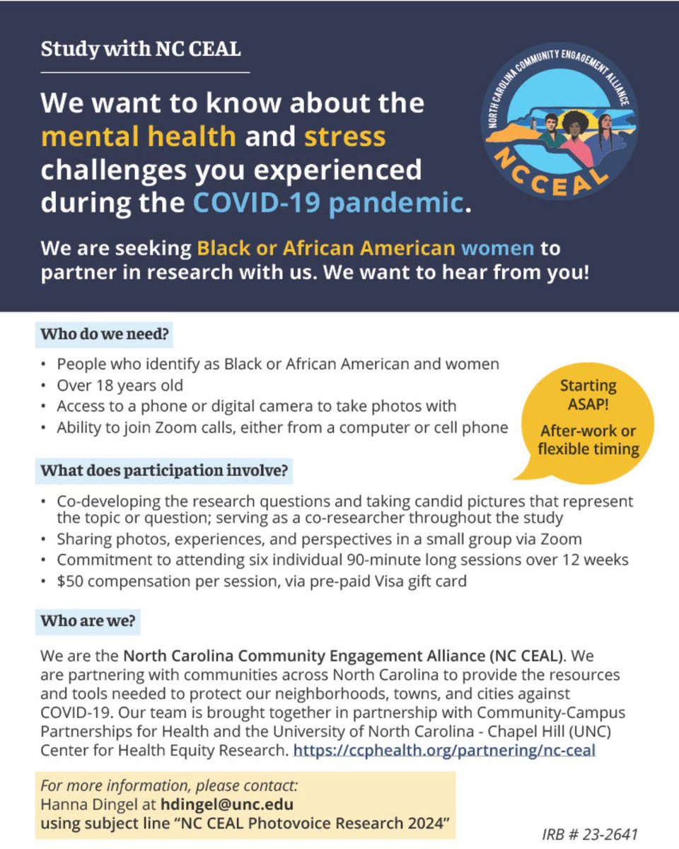 We're seeking Black or African American women to partner in research with us for a study focused on the mental health & stress challenges experienced during COVID-19. Facilitated in partnership with @NC_CEAL & @uncCHER. #CommunityEngagement #Research #COVID19 #ResearchStudy