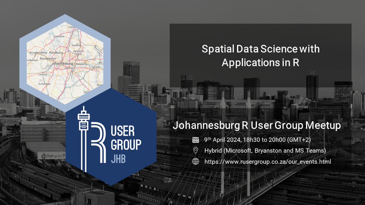 JHBRUserGroup's tweet photo. For our upcoming Johannesburg R User Group meeting on 9 April 2024, @handre_w will guide us through sections of "Spatial Data Science with Applications in R". We'll focus on chapters 9 through 12. You can find further details at https://t.co/6SUvCyzVfF #rstats #rstatsjozi https://t.co/zTKdZEaiVU