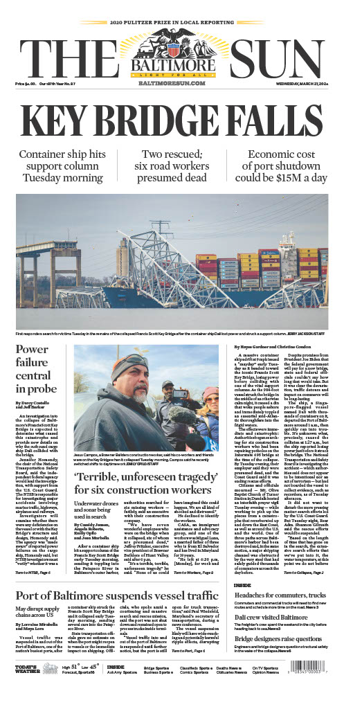 Today's @baltimoresun front page with details of the devastating Key Bridge collapse