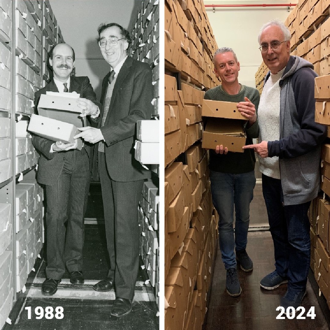 We're delighted to receive the archives of Bill Fishman, pioneering historian of the East End. We love this photo of Bill opening our archive strongroom in 1988 with archivist Jerome Farrell. His son Mike Fishman recreates the scene with Richard our Archives Manager! 1/2