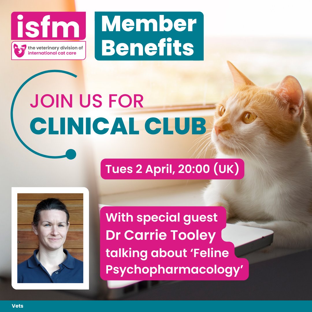 ISFMcats's tweet photo. We hope to see our lovely Vet Members at #ClinicalClub tonight! 🩺 Come along to chat with Dr Carrie Tooley about ‘Feline Psychopharmacology’ and ask her your questions. 😺
📧 Check your emails or the forum for joining info. Exclusive to Vet Membership 👉 https://t.co/XGTLMg52q9 https://t.co/65COaAQ3ZI