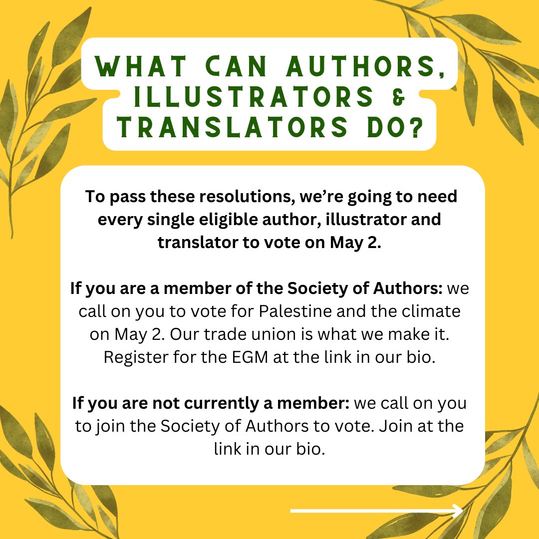 🚨Calling UK writers, illustrators, and translators! Join the May 2 EGM vote we’re bringing to @thesocietyofauthors, on fossil fuels divestment and the genocide in Gaza! More in comments ⬇️ and in our bio - it’s time to act collectively to make our industry take a stance 🌏🍉