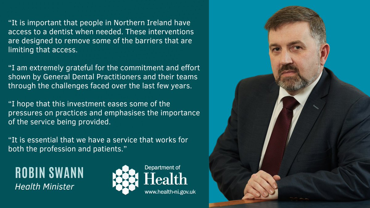 Health Minister Robin Swann has today announced a £9.2m investment in dental access initiatives for 2024/25. The investment is aimed at bolstering support for dental practices and protecting public access to health service dental care. ➡️health-ni.gov.uk/news/swann-inv…