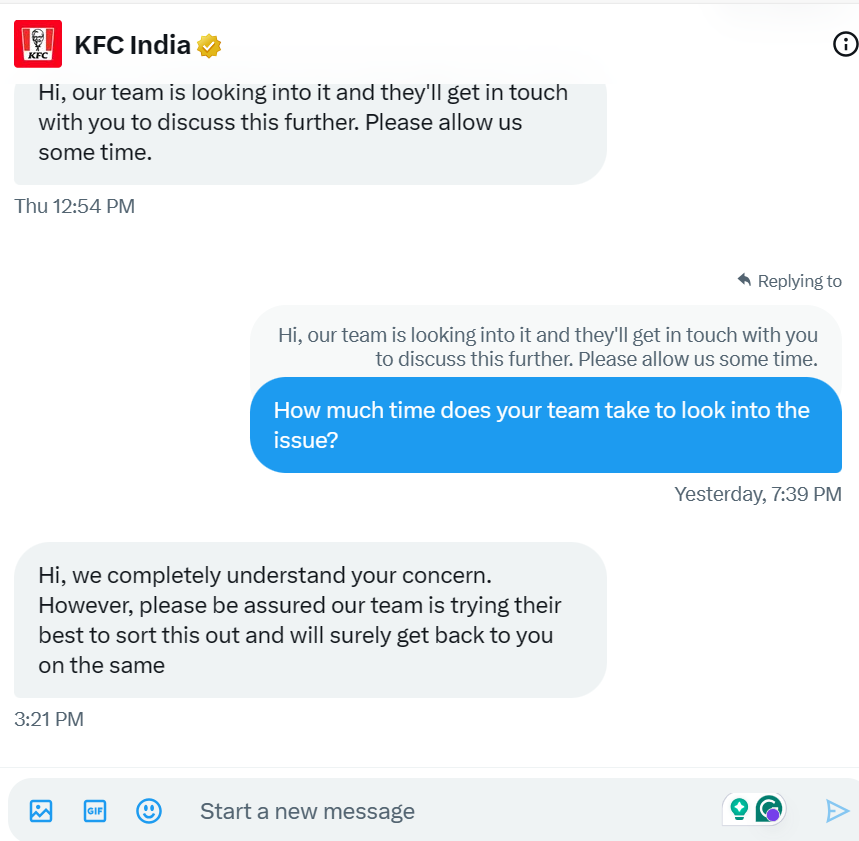 prabir7327's tweet photo. @KFC_India @BurgerKing @mcdonaldsindia @KFC_ES @KFC_UKI @McDonalds Since 16 March 2024, I have been getting similar messages in DM. Are you really interested in resolving this issue? #KFCIndia https://t.co/QR0pC9z8qq