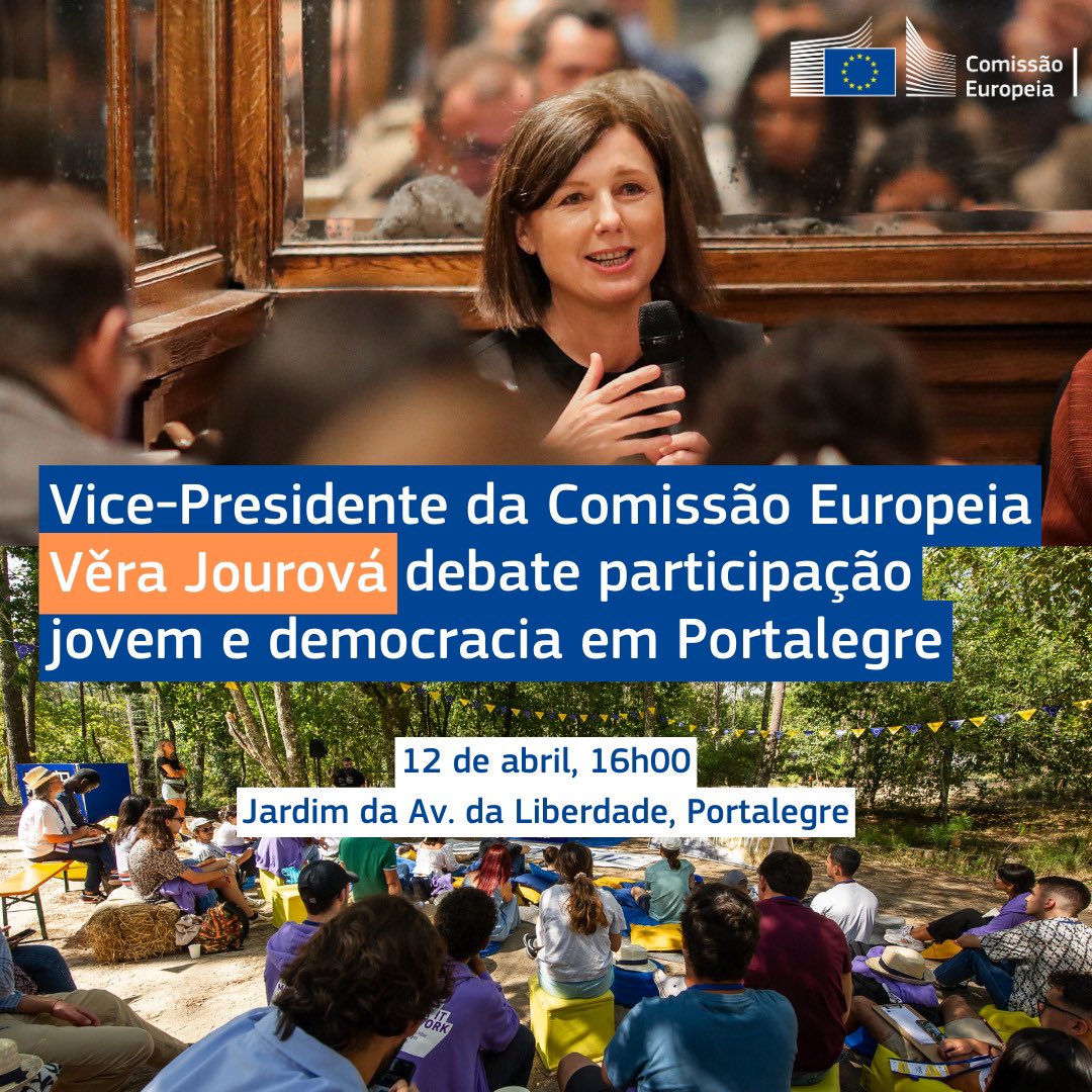 📣 Democracia em debate: a tua voz importa! 🇪🇺@VeraJourova estará em 🇵🇹 a 12 de abril para um debate sobre participação jovem e democracia. Contamos contigo? Jardim da Avenida da Liberdade, Portalegre 📅 12/04, 16h ℹ️europa.eu/!mQj9Tc #JuntosMaisFortes #EUDemocracy