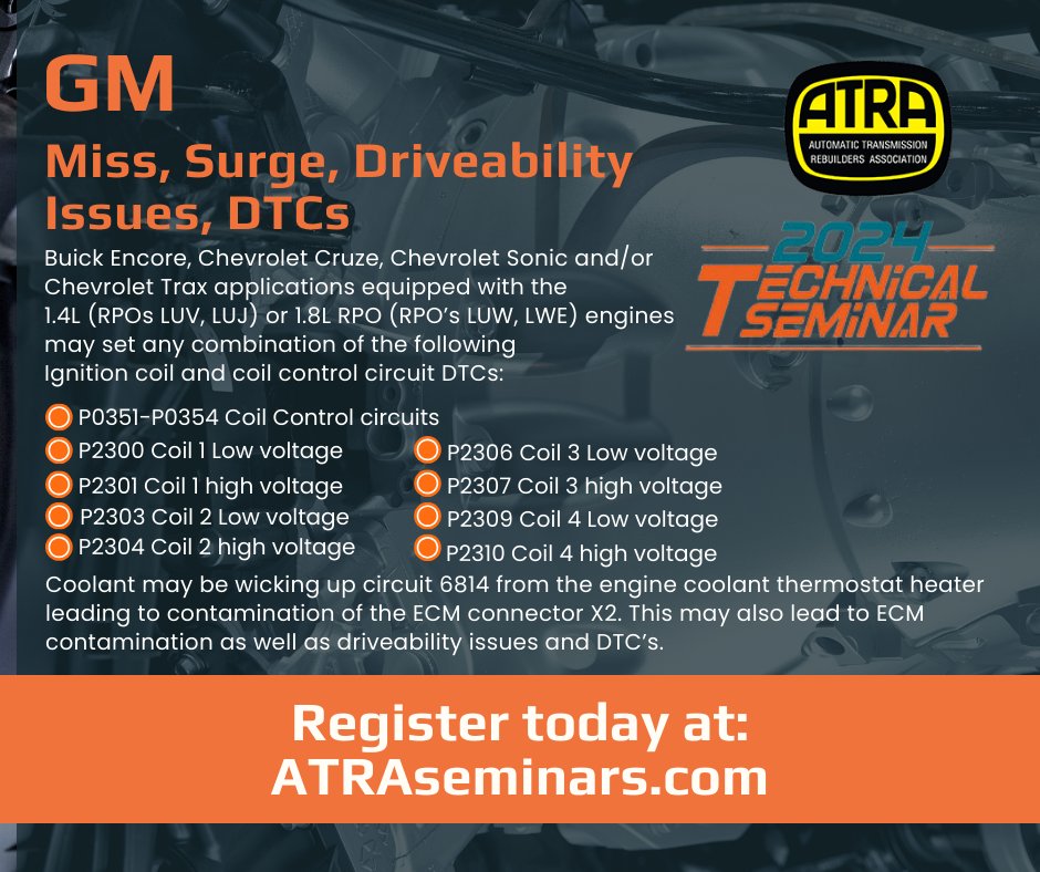 🛠️ Attention Transmission Technicians and Car Enthusiasts! 🛠️
🔧GM
Miss, Surge, Driveability Issues, DTCs. Check out our post and register! atraseminars.com 
#StartupProblems #ATRA #ATRATechnicalSeminar #TechnicalSeminar
