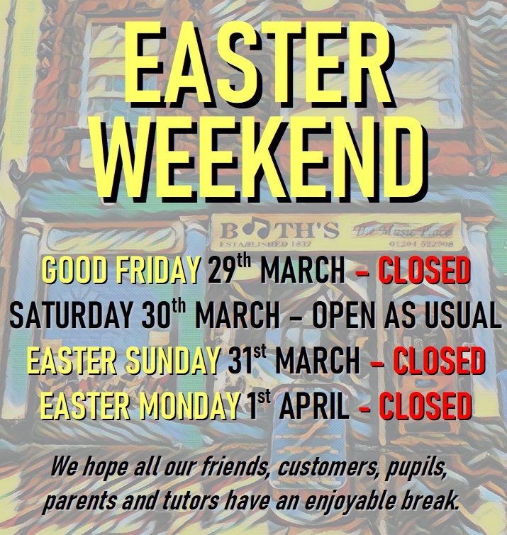 Hello everybody. Please note that the shop and music school will be closed on Friday, Sunday and Monday for Easter weekend. #easter2024 #EasterOpening #bankholiday #bankholidayweekend #musicshop #musictuition #musicschool #musiclessons #bolton #est1832