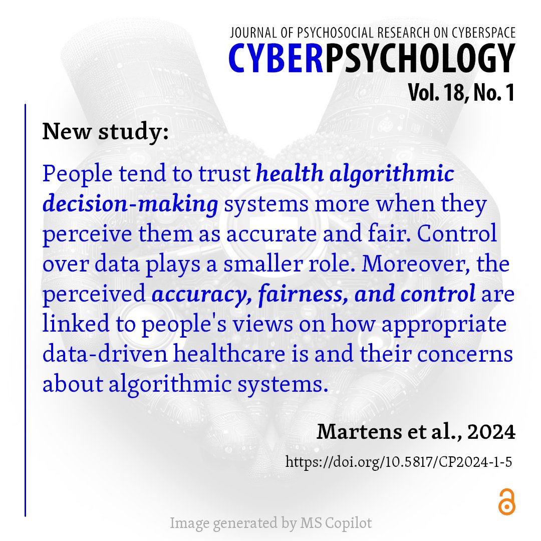 What makes people trust #AI healthcare tools?🤖⚕️ In their new study, @martens_marijn, @R_dwlf, & @LievenDeMarez from @imec_mict_UGent analyzed people's trust in two algorithmic decision-making systems: @adahealth and @IBM Watson Oncology. 📘Read it here: doi.org/10.5817/CP2024…