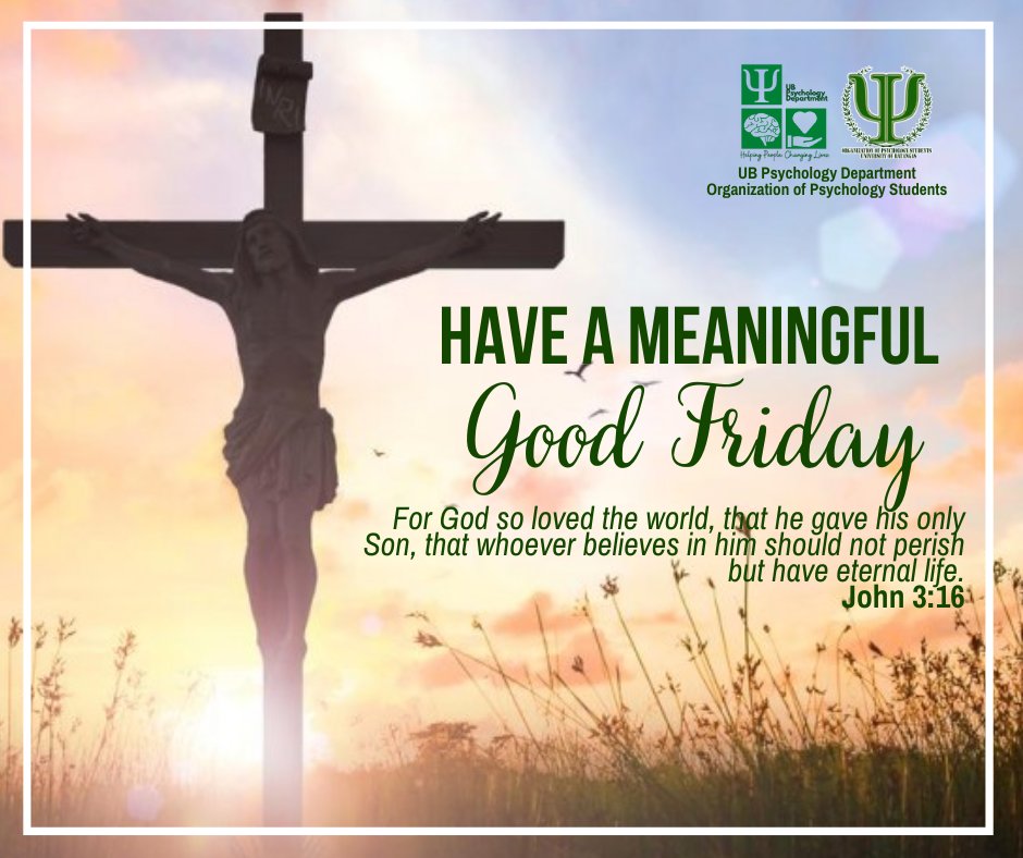 Good Friday is a time to commemorate the crucifixion and death of Jesus Christ. May the grace and Lord surround and be with you on Good Friday.  

#UBOPS #PsychPower #OPStoppable #OPStrivingForExcellence #HolyWeek2024 #GoodFriday