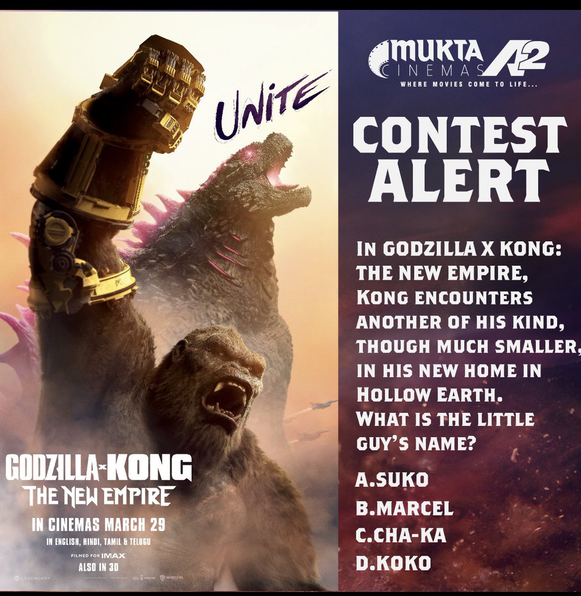 Here’s your chance to win official movie merchandise for #GodzillaXKongTheNewEmpire 1-Answer the question in the comment section. 2-Tag 5 friends to participate. 3- Follow @muktaa2cinemas #muktaa2cinemas #wheremoviescometolife #WarnerBrosIndia #contestalertindia…