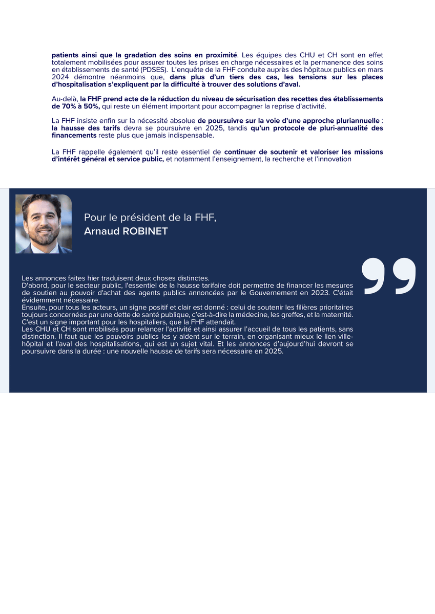 #Communiqué | Campagne tarifaire 2024 : la FHF salue des arbitrages qui "vont dans le bon sens" et appelle à ce que tous les verrous soient levés en termes d’organisation de l’offre de soins pour accompagner la mobilisation des CH et CHU au service de la population.

⬇️