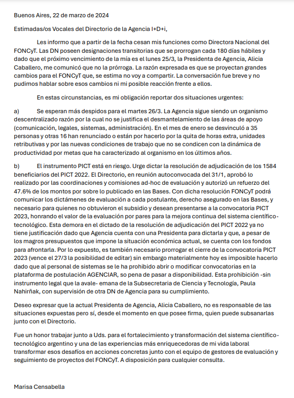 andreslerner90's tweet photo. GOLPE A LA CIENCIA. Una funcionaria clave del área se fue del Gobierno el viernes pasado. Se despidió con una dura carta que advierte por el parate en los proyectos de investigación y más despidos 👇 (sigue) https://t.co/2u0KTymmM0