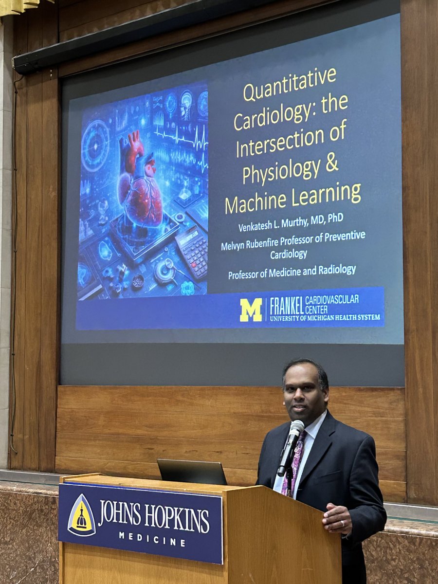 Great to welcome ⁦⁦@venkmurthy⁩ back to a packed Johns Hopkins Hurd Hall for ⁦@hopkinsheart⁩ Grand Rounds. He earned his MD & PhD here at ⁦⁦@HopkinsMedicine⁩ & worked closely with ⁦@KathyWuMD⁩ & Joao Lima. Go Blue! ⁦@DavidLBrownMD⁩ ⁦⁦