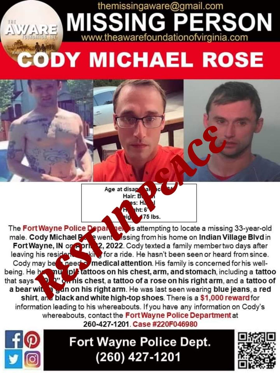 UPDATE: The coroner says the remains discovered along I-469 on March 11 are that of missing 31-year-old Cody Rose. Fort Wayne police say Rose went missing from his home on Indian Village Blvd. on April 22, 2022. The coroner’s office said on Tuesday that Rose’s cause and manner…