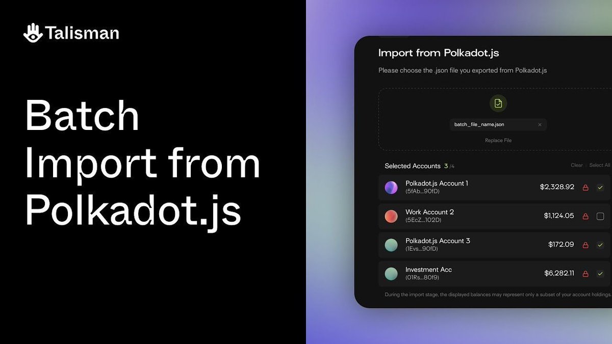 Did you know that you can import all your accounts from @PolkadotJS to Talisman in a few clicks? 📁 Instead of adding them one by one, export them via JSON and batch import them into Talisman. Check this tutorial made by @thescarletthread ⤵️ youtube.com/watch?v=IEqklz…