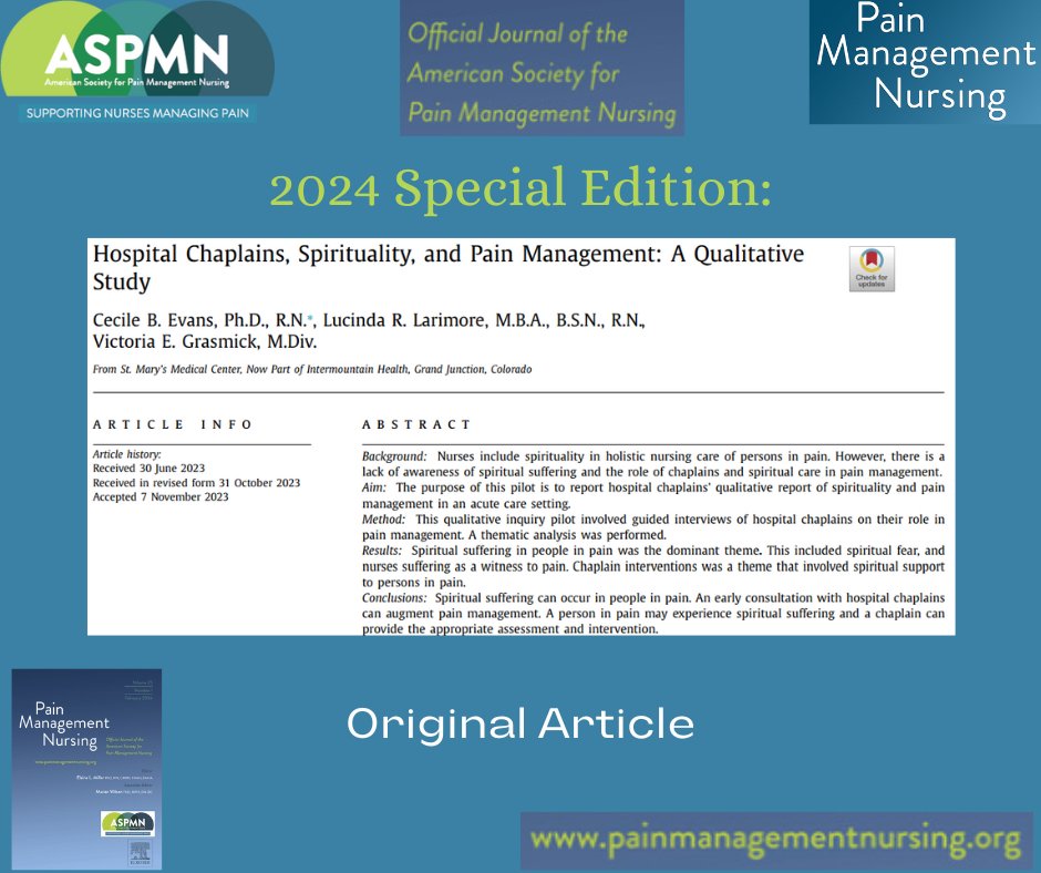 Original Article: 

Hospital Chaplains, Pain, and Spirituality:

painmanagementnursing.org/article/S1524-…

#biopsychosocial #spiritual
#nursing
#painrelief
#painmanagement
#NursingPractice
#holistic
#chronicpain
#Chaplains
#hospitalchaplains
#CompassionFatigue
#suffering
#existentialism
#spirit