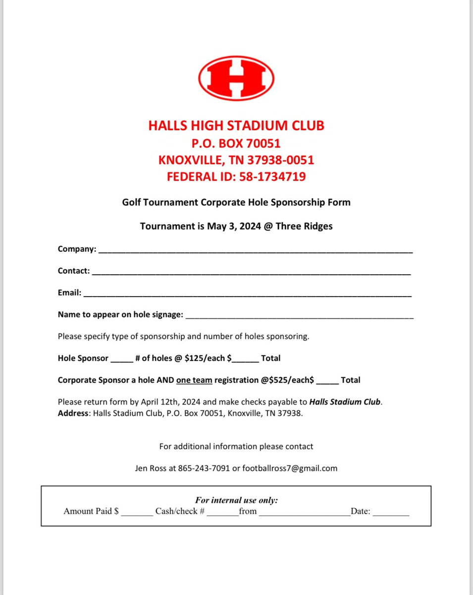 Support our Halls Football team by sponsoring a hole to advertise for your business or join the fun by registering your team for our annual golf tournament! Pre-Registration ends April 12th! Teams are filling up so please send in your forms and payment!!